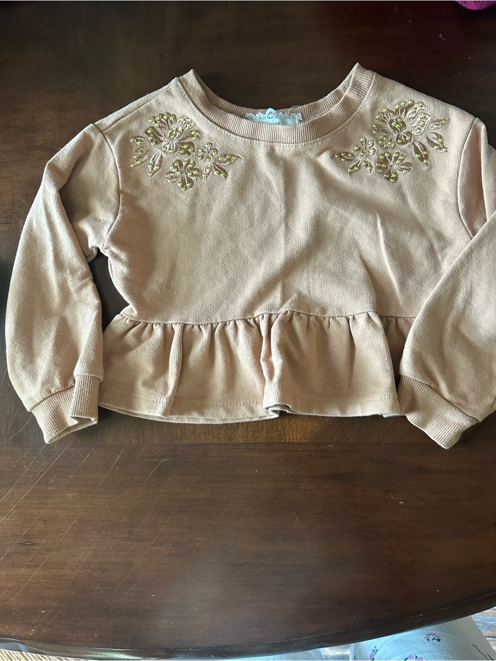 btween Beige Ruffle Sweatshirt with Gold Embroidered Flowers